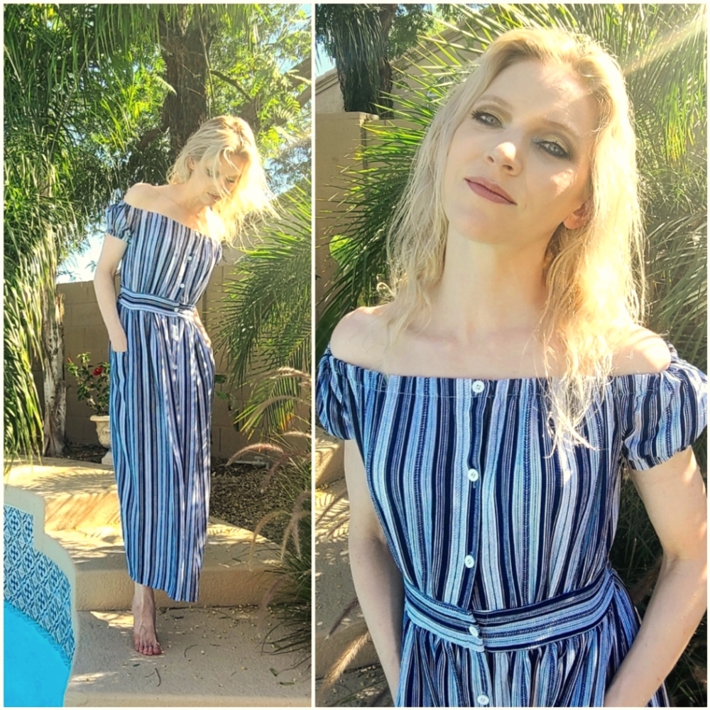 Vintage Blue and White Off-Shoulder Striped Maxi Dress With POCKETS!
